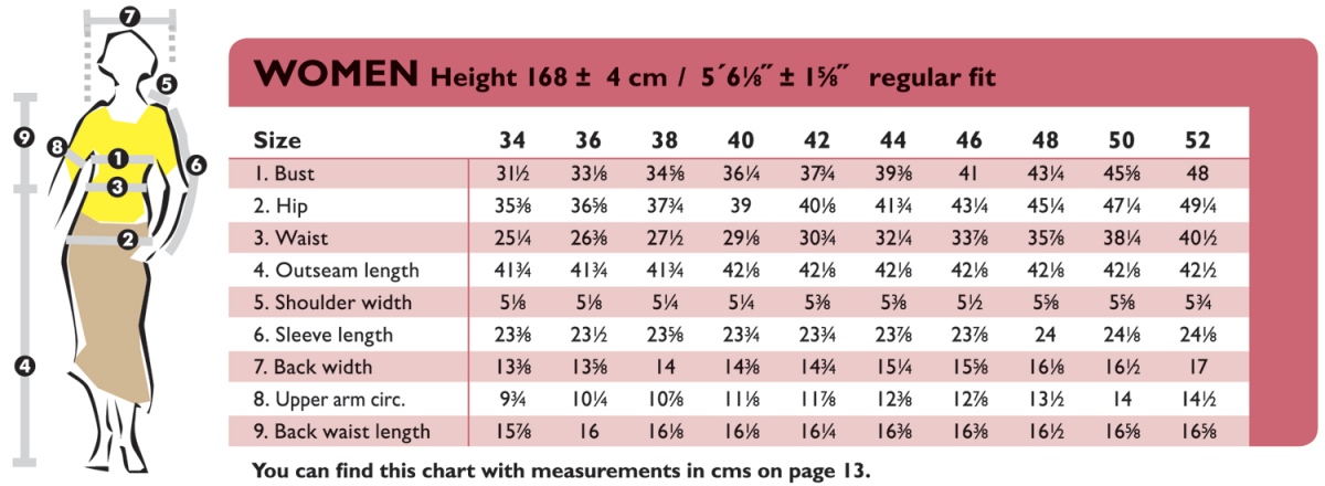 womens clothing size table
